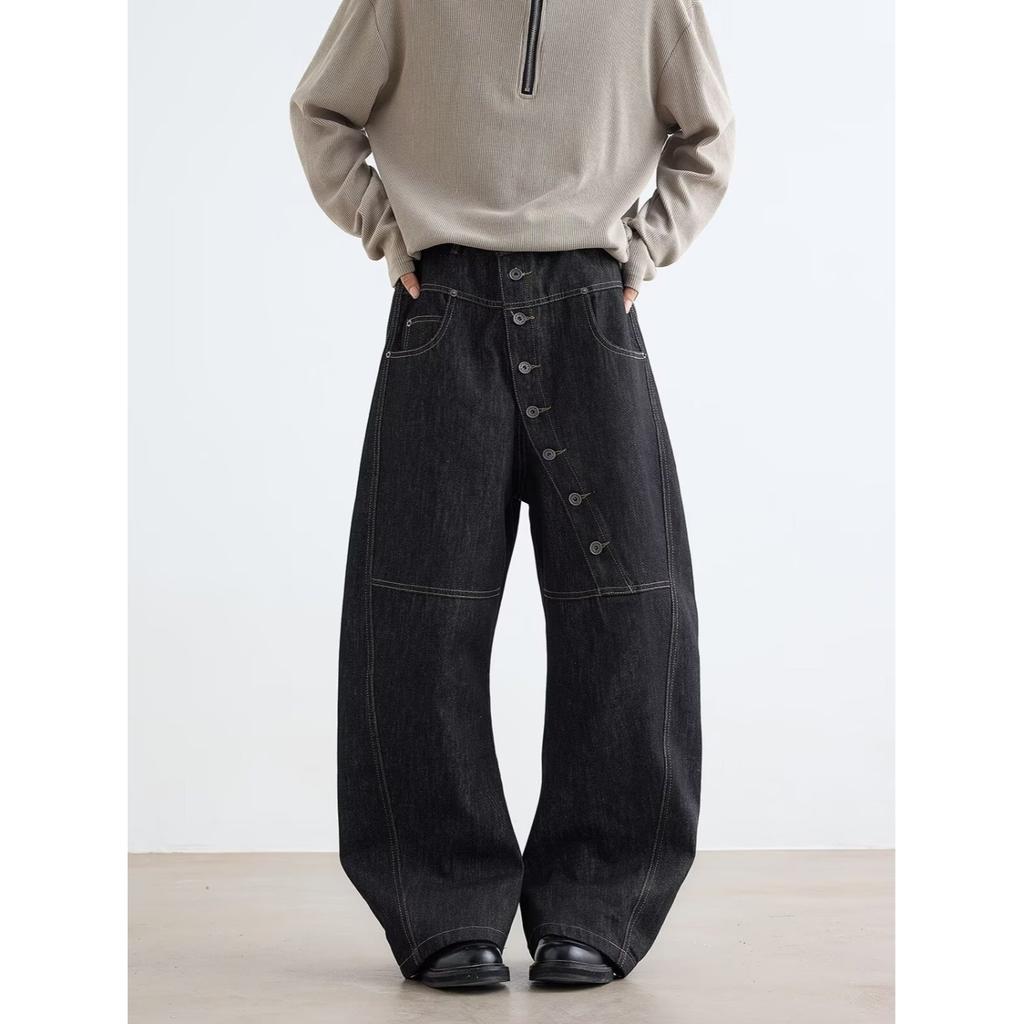 Men's Mid Rise Washed Cat Whisker Barrel Jeans Loose Wide Leg Denim Pants American Vintage High Street Y2K Casual Four Seasons Long Trousers