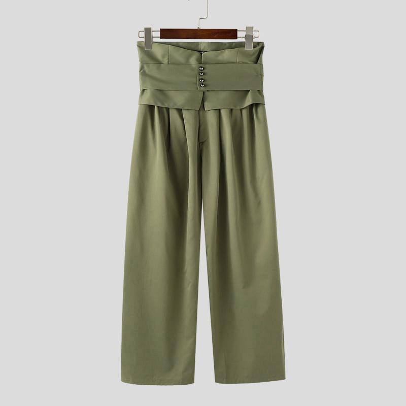 INCERUN Men Layers Zip-up High Waist Casual Long Wide Legs Pants Trousers