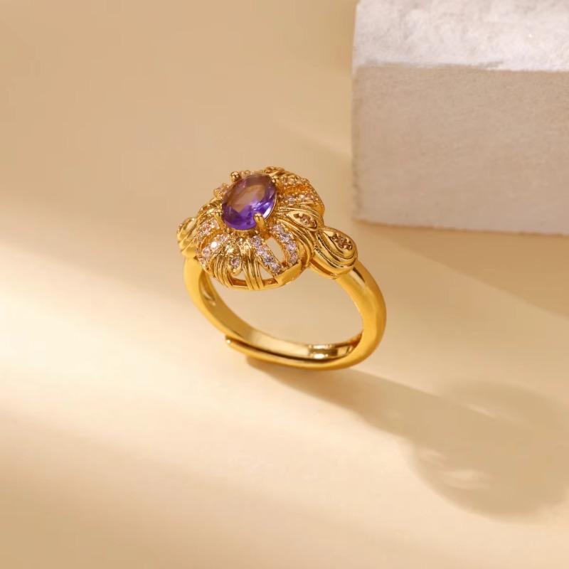 Medieval Bauhinia Flower Zircon Heavy Industry Flower Index Finger Ring Retro Court Style Ring Light Luxury Jewelry New