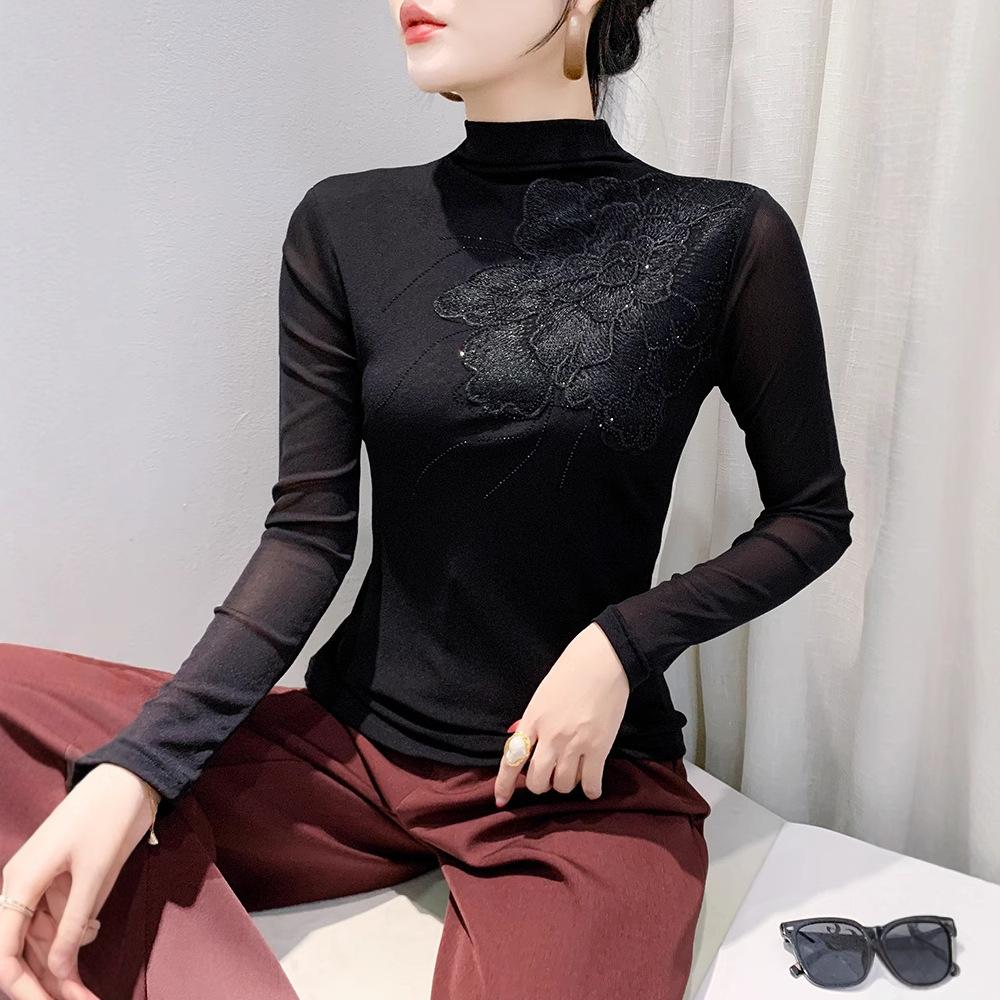 Černá košile s rolákem pro ženy s vyšívanou síťovinou Tričko s dlouhým rukávem Spodní prádlo Top Upnuté a stylové tričko