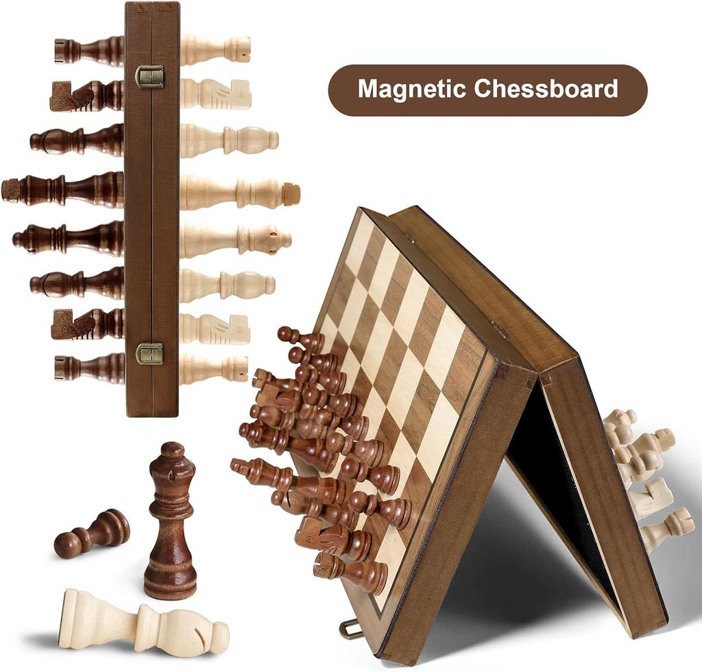 Magnetic Wooden Chess Set with 2 Extra Queens, 15'' Folding Travel Chessboard, Storage Slots, for Adults & Kids Ages 6+, DUR-001