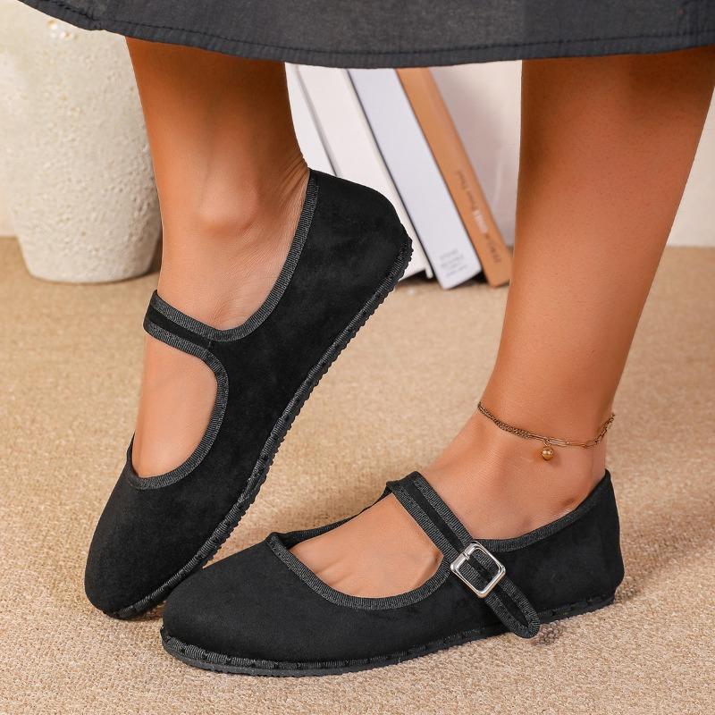 Fashion Elegant Suede Mary Jane Flats Shoes Women Black Buckle Strap Shallow Casual Ballet Shoes Ladies Spring Autumn Canvas Loafers