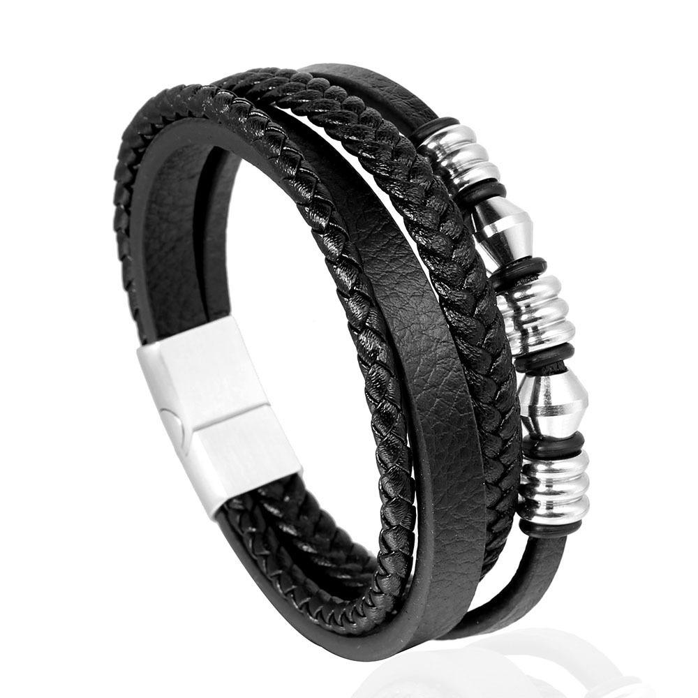Titanium Steel Braided Stainless Steel Bracelet Men s Titanium Steel Magnet Buckle Multilayer Leather