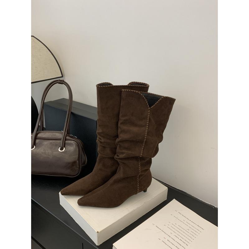 

2025 autumn and winter stiletto boots children but knee boots brown pile boots pointed boots tall knight boots 39 коричневый