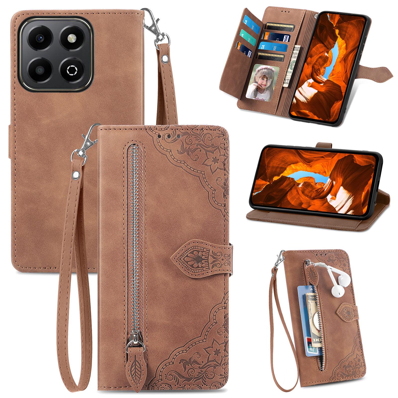 

Для Honor 200 Smart 5G/X7c 4G Чохол-гаманець на блискавці з ремінцем Шкіряний чохол для телефону з квітковим тисненням Brown