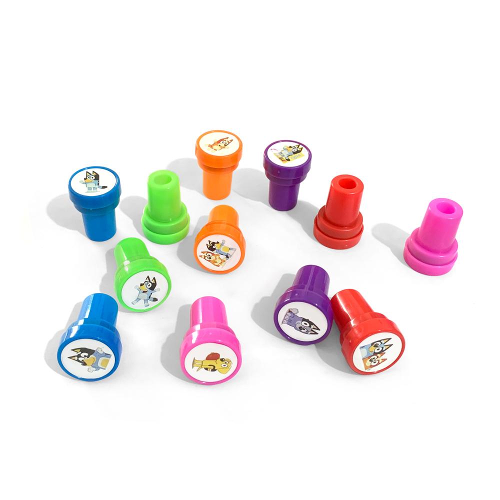 12Pcs/Set Bluey And Bingo Seal Bandit Chilli Lucky Socks Anime Figures Colorful Pattern Stamp Kids Toys Gift