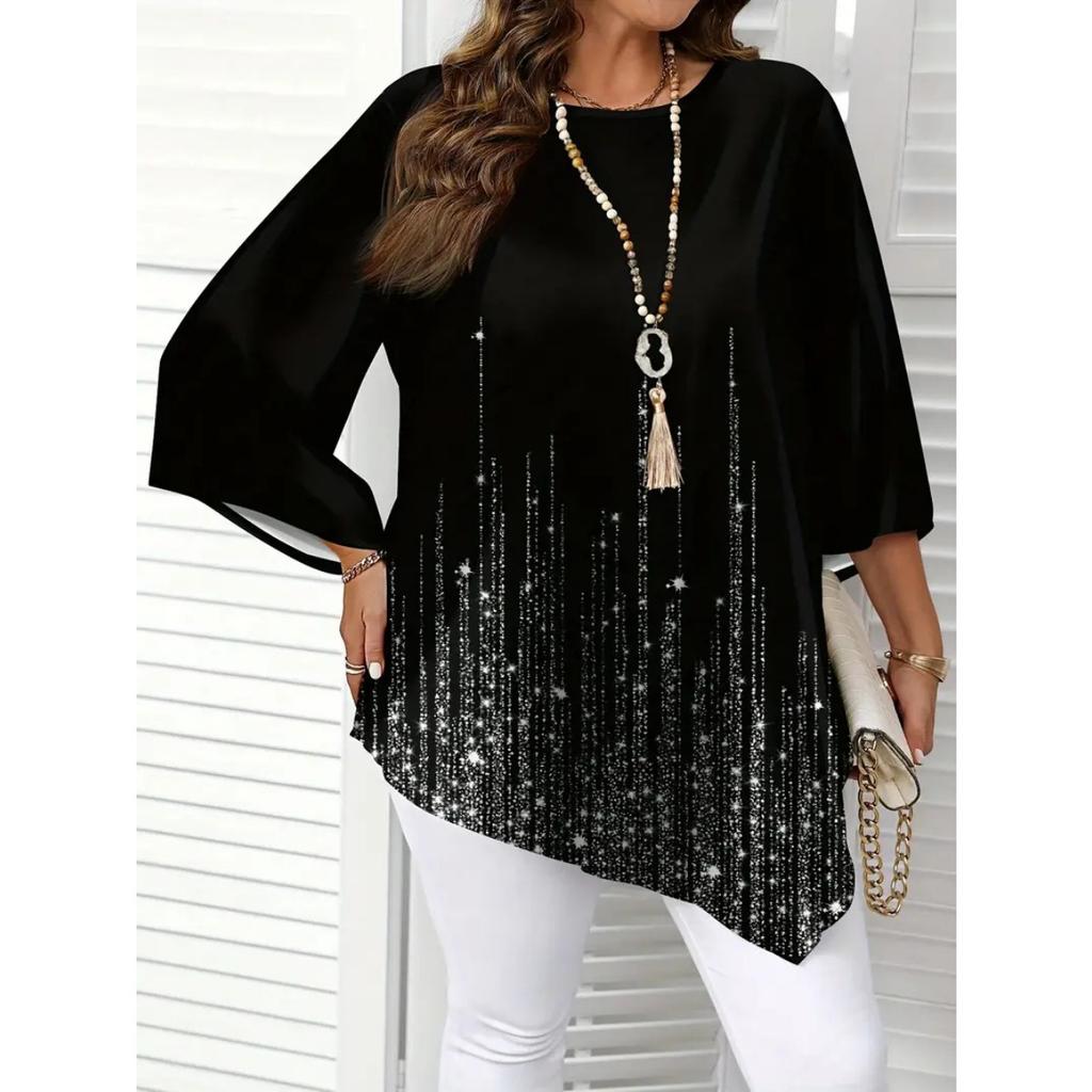 Nova T-shirt de Outono para Mulheres Plus Size com Estampa Degradê e Gola Redonda, Top Casual Versátil Popular na Europa e América