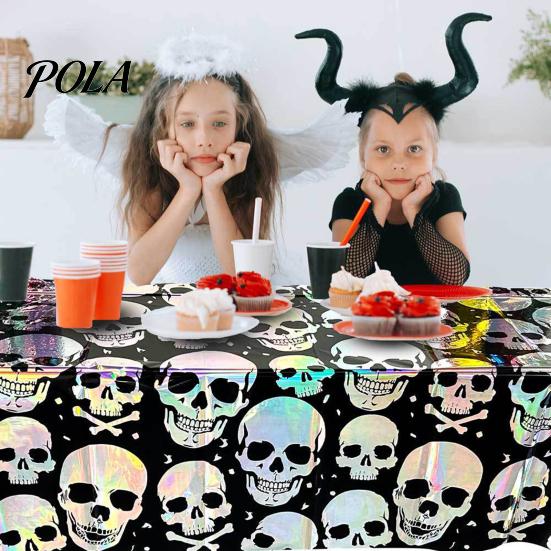 Decorative Festive Curtain Halloween Skull Foil Fringe Curtain, Iridescent Disposable Tablecloth, Pattern Party Decor Table Cover Tinsel Backdrop for