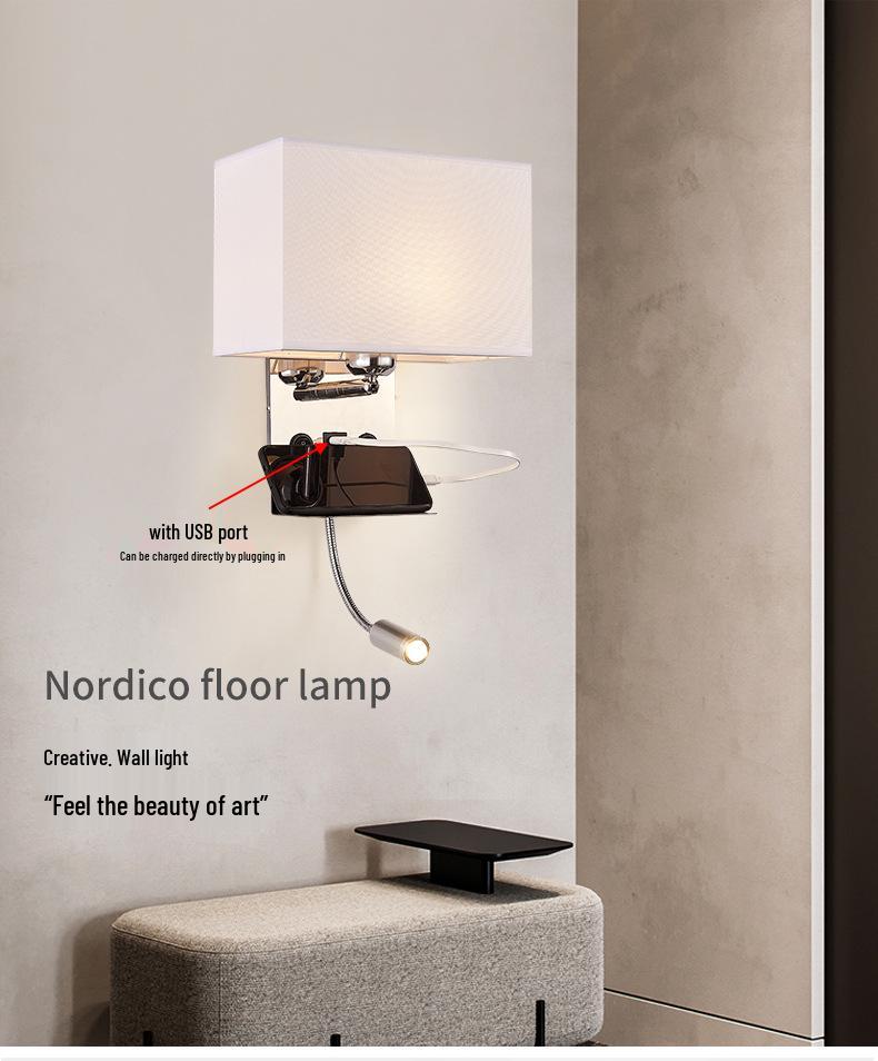 European Simple Wall Lamp with Fabric Lampshade and USB Charging Port for Hotel Bedrooms