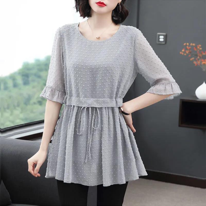 

Женская летняя свободная футболка со средним рукавом и оборками, круглый вырез, большой размер, с поясом M