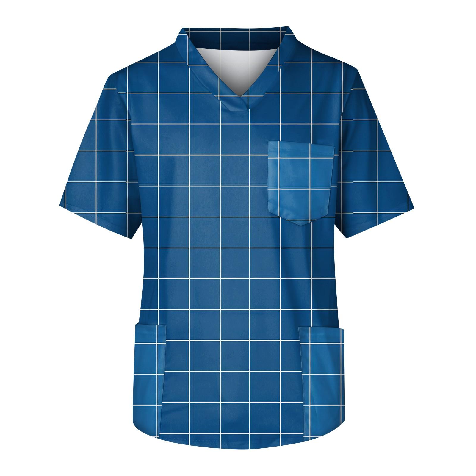 

Мужская рабочая блузка с короткими рукавами и v-образным вырезом с принтом, топ с нагрудным карманом L тёмно-синий