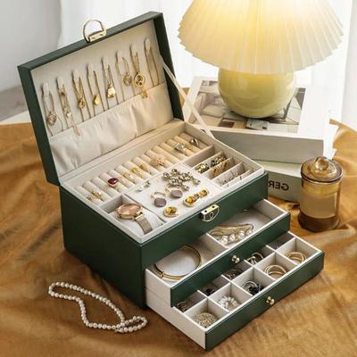 Faux Leather Jewelry Box Three Layers Large Capacity Jewelry Display Holder Multi-functional Earrings Necklace Bracelet Ring