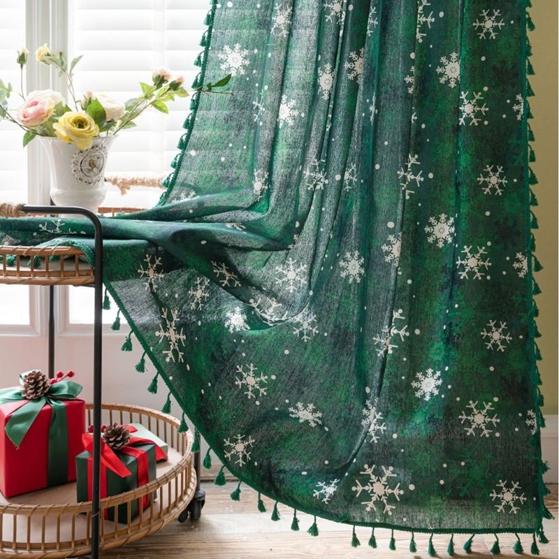 

Curtains Finished Green Snowflake Christmas Semi-blackout Kitchen Valance Partition Curtain Bedroom Living Room Bay Window Decor W150 x H45cm&Rod Pocket