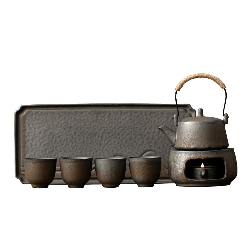 Household warm tea small set retro gilt kung fu tea set office living room one pot two cups coarse pottery beam pot