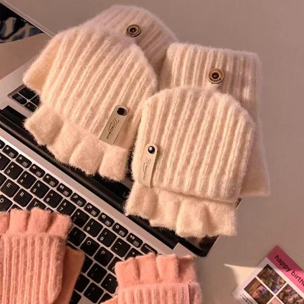 Winter Thick Half Finger Flip Gloves for Cute Women, Warm Cycling in Winter, Knitted for Students To Write and Type On