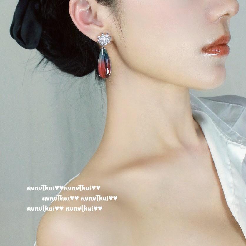 Years Beauty Haze Pink Gem Flower Earrings Vintage Plated 18K Gold, Iris Purple Eyelashes Zircon Earrings