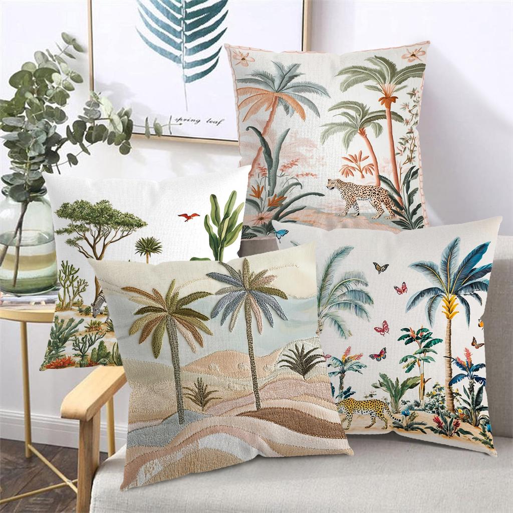 2D Flat Printing Palm Tree And Animal Pattern Cushion Covers Polyester Pillowcase, Sofa Decorative Cushion Cov Headboard Pillow