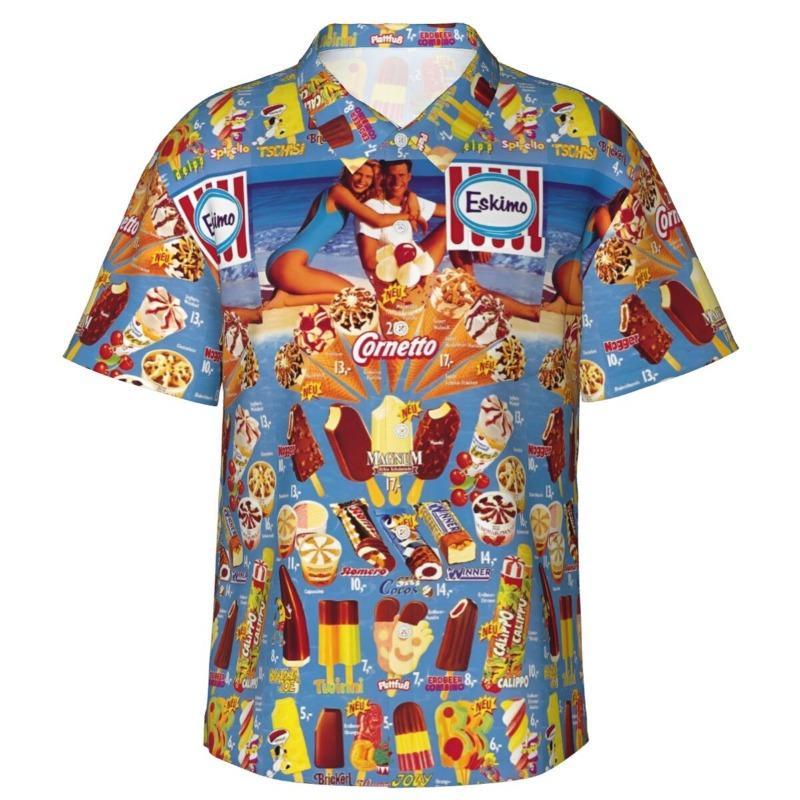 Camicia Hawaiana Vintage da Uomo con Gelato, Abbigliamento da Spiaggia, Vacanze Estive, Retrò, Menu, Poster, Camicie a Bottoni