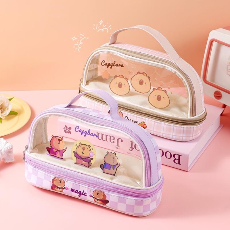 Cartoon Capibala Pencil Bag Large Capacity Pencil Case Aesthetic Pen Case Makeup Bag Clear Pen Bag Pencil Organisers