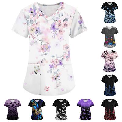 Tricou de lucru pentru femei, cu mânecă scurtă, cu decolteu în V, cu buzunare mici