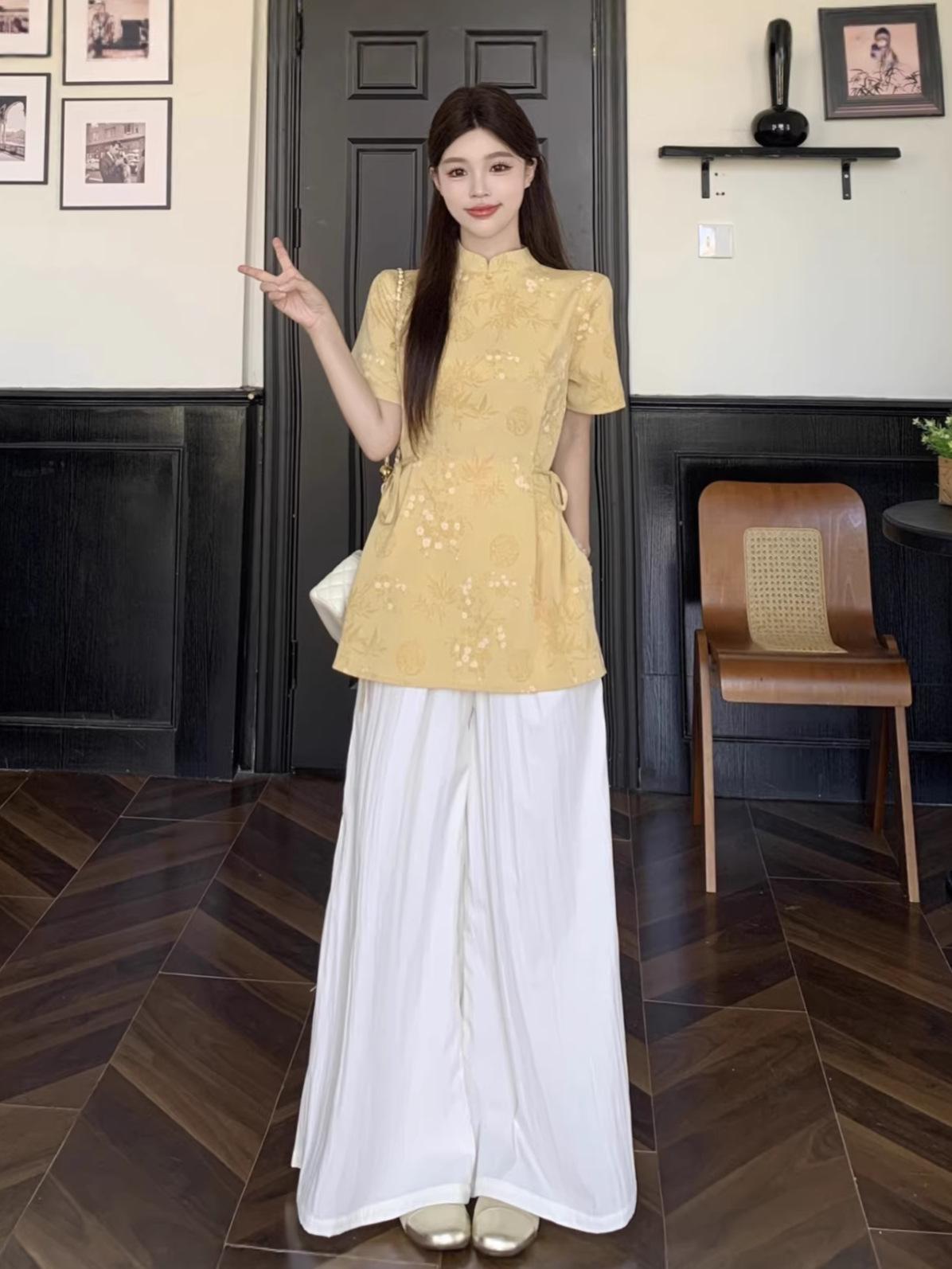 Plus Size Women s Spring/Summer 2026 Frog Button Waist-Cinched Short Sleeve Jacquard Cheongsam Skirt-Pants Set XXL