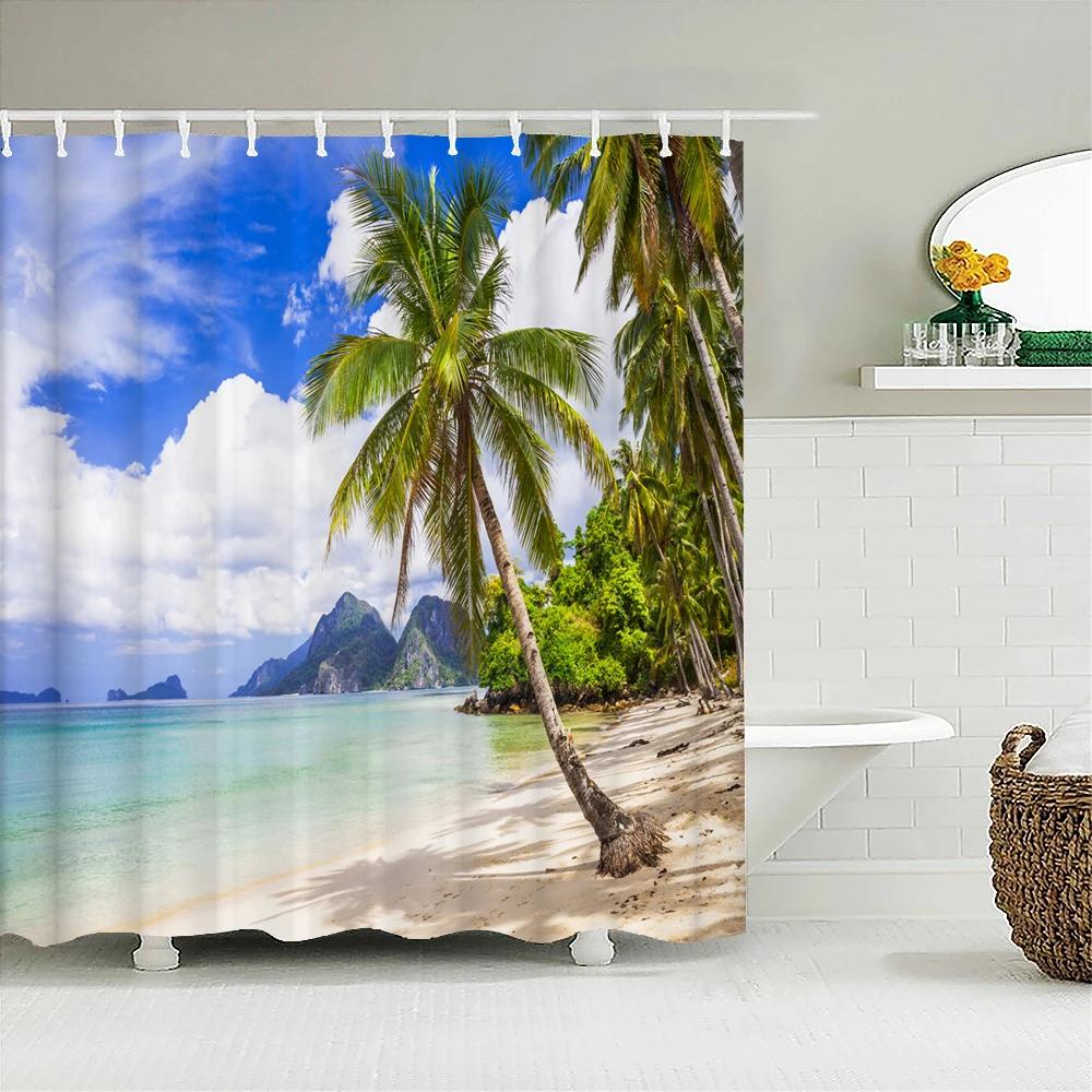 High Quality Sunny Beach Palm Tree Printed Fabric Shower Curtains Sea Scenery Bath Screen Waterproof Bathroom Decor with Hooks
