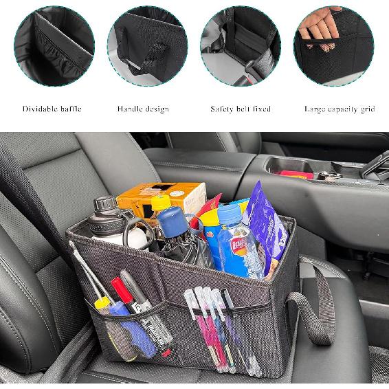 Car Seat Organizer, Collapsible Passenger Seat Organizer with Detachable Divider & Handle, Multiple-Pocket Car Storage Organization for Console Floor