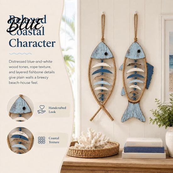 Ocean Style Hanging Light Nautical Fish Pendant Wall Decor Wooden With/Without LED Decor Coastal Theme Fishbone Anti Deformation Window