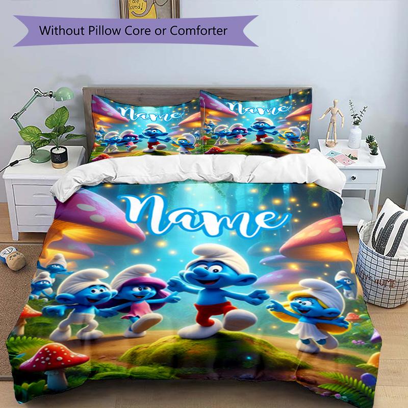3pcs Duvet Cover Set (1*Duvet Cover + 2*Pillowcase, Without Core), Custom Name Blue Smurfs Pattern Bedding Set, Home Bedroom Decor Gift