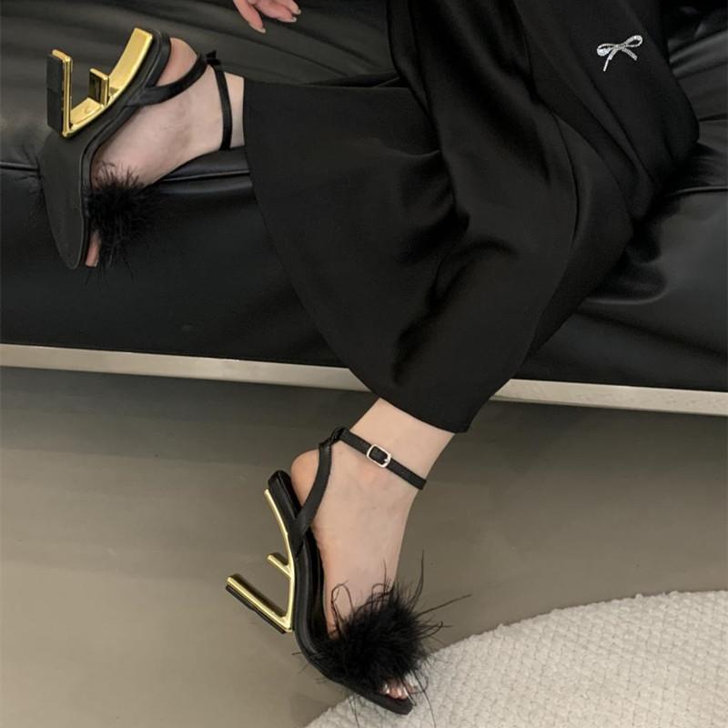 Fashion Fashion Feather Design Shaped High Heels Women Sexy Open-toe Ankle Strap Buckle Fur Sandals Summer Elegant Banquet Wedding Shoes
