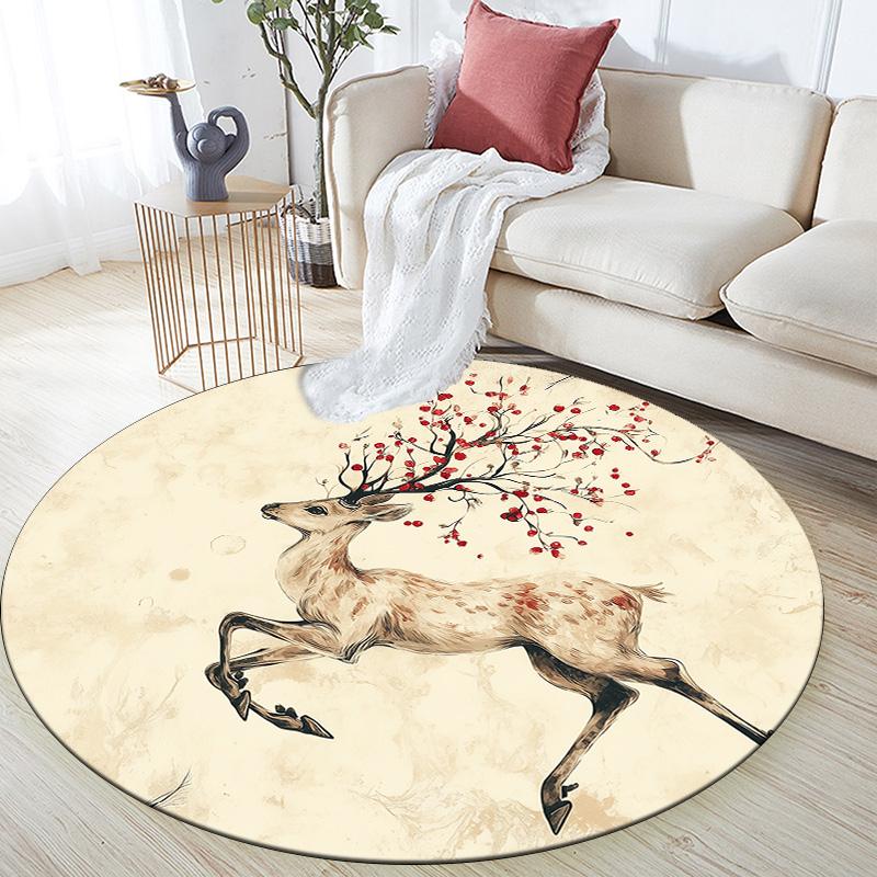 Laufendes Reh,Runder Teppich,Teppich für Wohnzimmer Schlafzimmer Sofa Spielzimmer Dekor,Rutschfeste Fußmatte