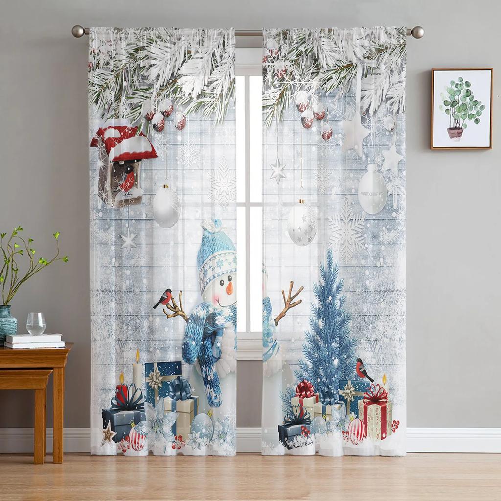Christmas Ball Snowman Snowflake Vintage Yarn Curtain Window Tulle Curtains For Living Room Kitchen Window Sheer Voile Curtains