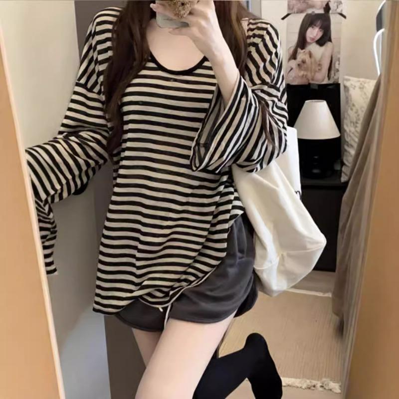 Striped Loose Long Sleeve U Neck Thin Sun Protection Blouse Casual Women Summer Top