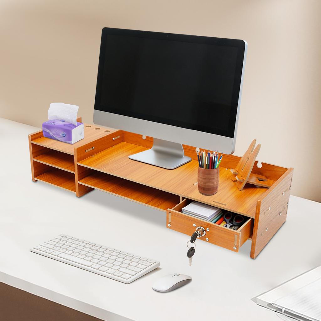 Nowoczesny Drewniany Stojak na Monitor z Zamykaną Szufladą i Uchwytem na Telefon, Oszczędzający Miejsce Organizer MDF na Biurko do Domowego Biura, Łatwy Montaż
