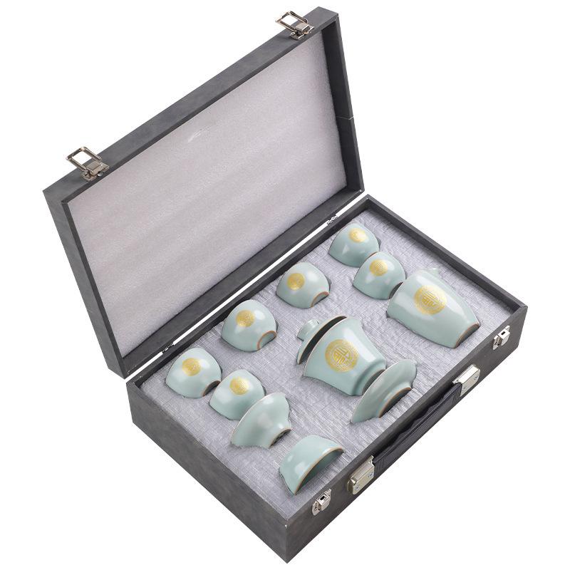 Ge kiln Ru kiln Kung Fu tea set ceramic household cover bowl brewing teapot tea cup set gift box light luxury style