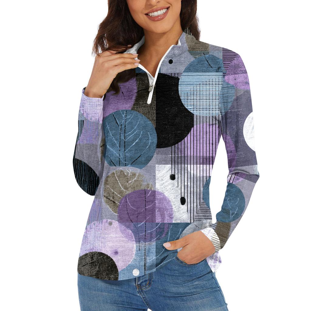 Women's Casual Fashion Retro Floral Print Long Sleeve Zipper Neck Top T-shirt