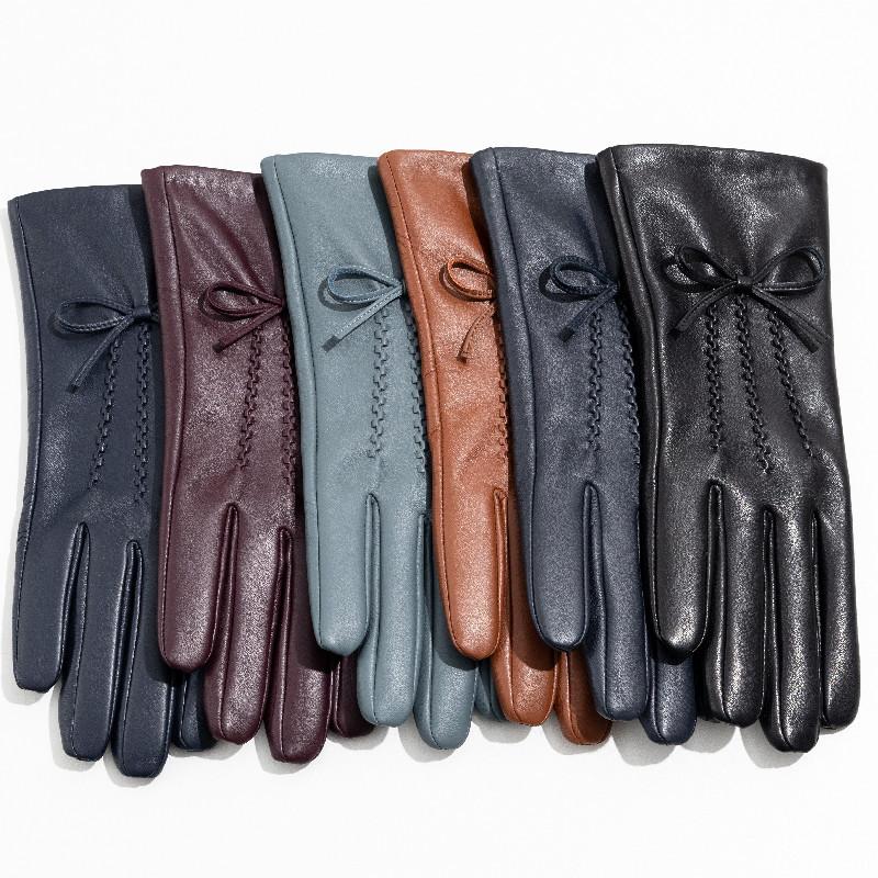 Women's Colorful Genuine Leather Gloves Bow Sheepskin Gloves  Women's Warm Cycling Clothing Gloves for Autumn and Winter