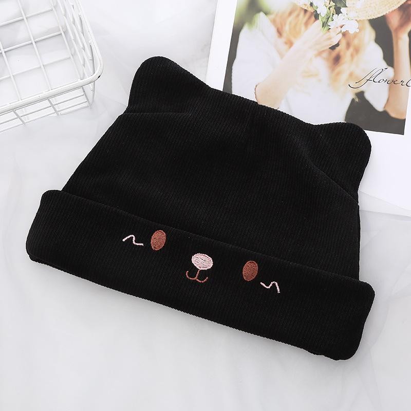Cartoon Stack Hat Female Autumn and Winter New Pullover Hat Bear Embroidery Cute Thermal Ear Hat Student with Ears