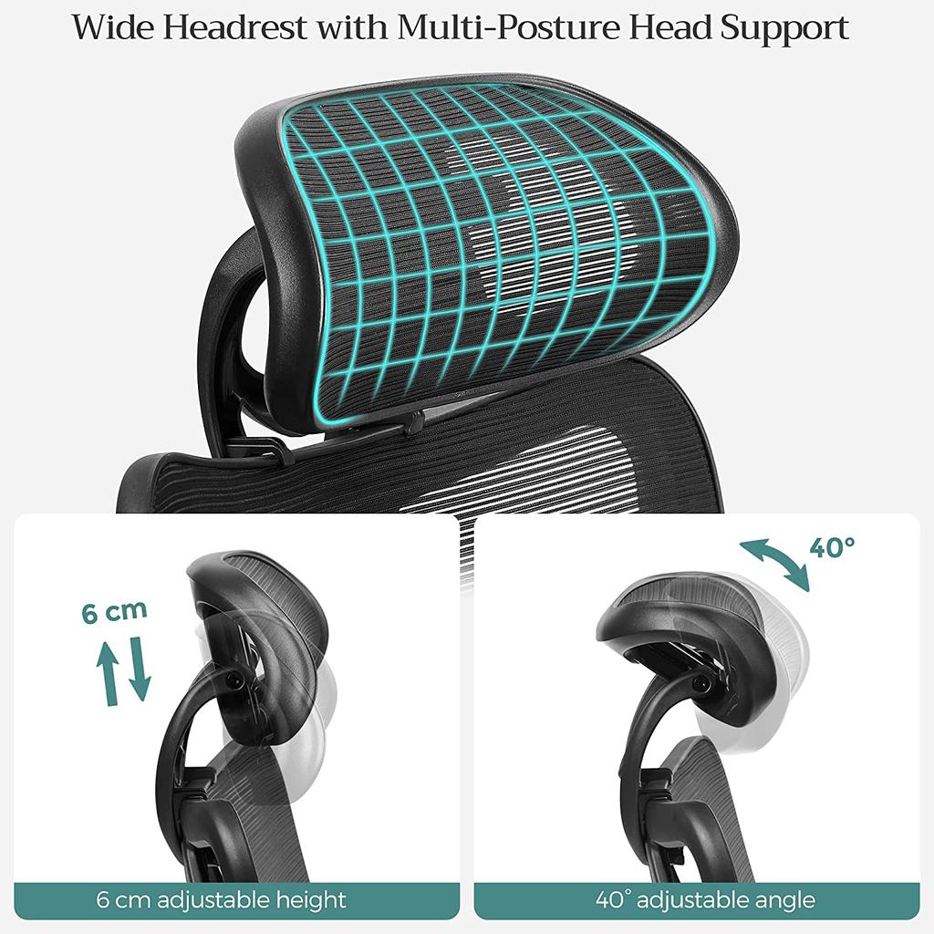 SONGMICS Office Chair, Ergonomic Desk Chair, Computer Chair, Mesh Chair, Adjustable Lumbar Support and Headrest, 150 kg, Height-Adjustable, Black