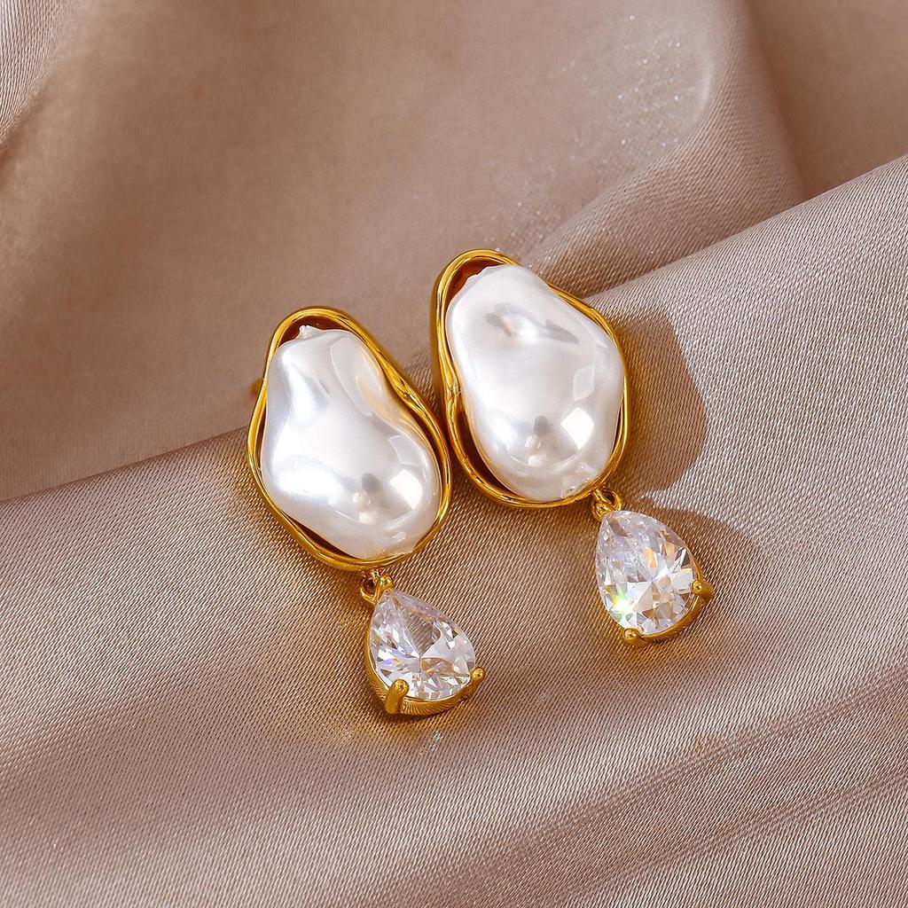 Elegant Teardrop Pearl Earrings: Versatile Korean Fashion with Zircon Inlay