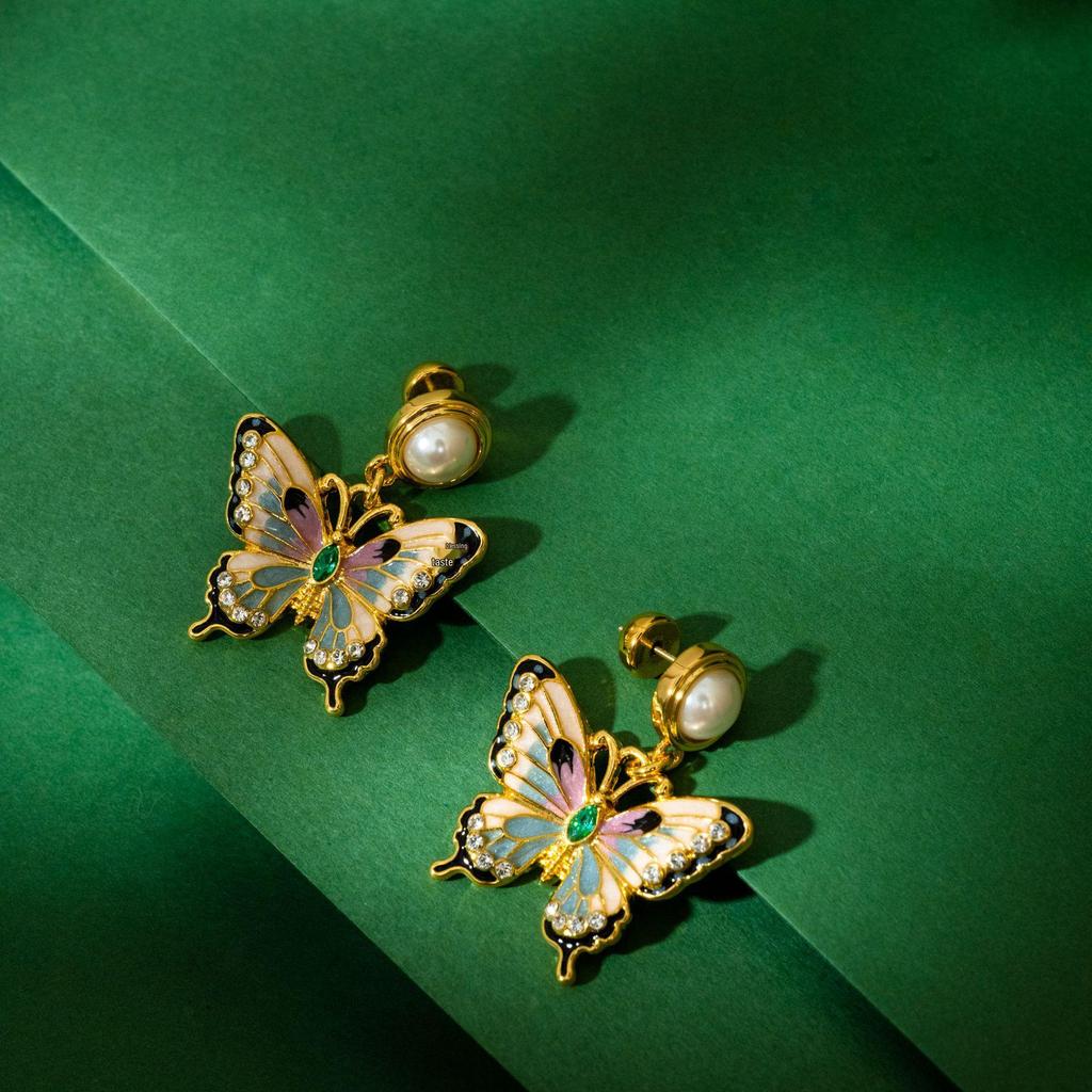 Three-Dimensional Enamel Pearl Flower & Butterfly Earrings, Court Style, Insect Series, 925 Silver Studs for Women