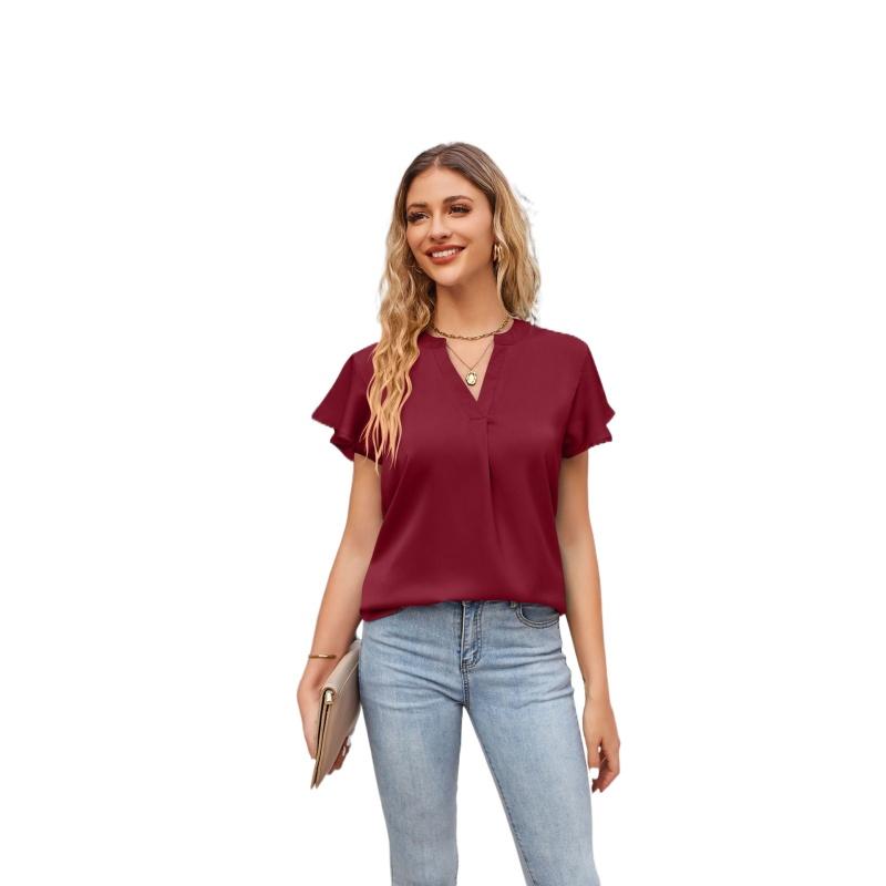 Summer T-shirt European and American New Product Women's Satin V-neck Ruffle Sleeve Fashion Office Work Top S-2XL