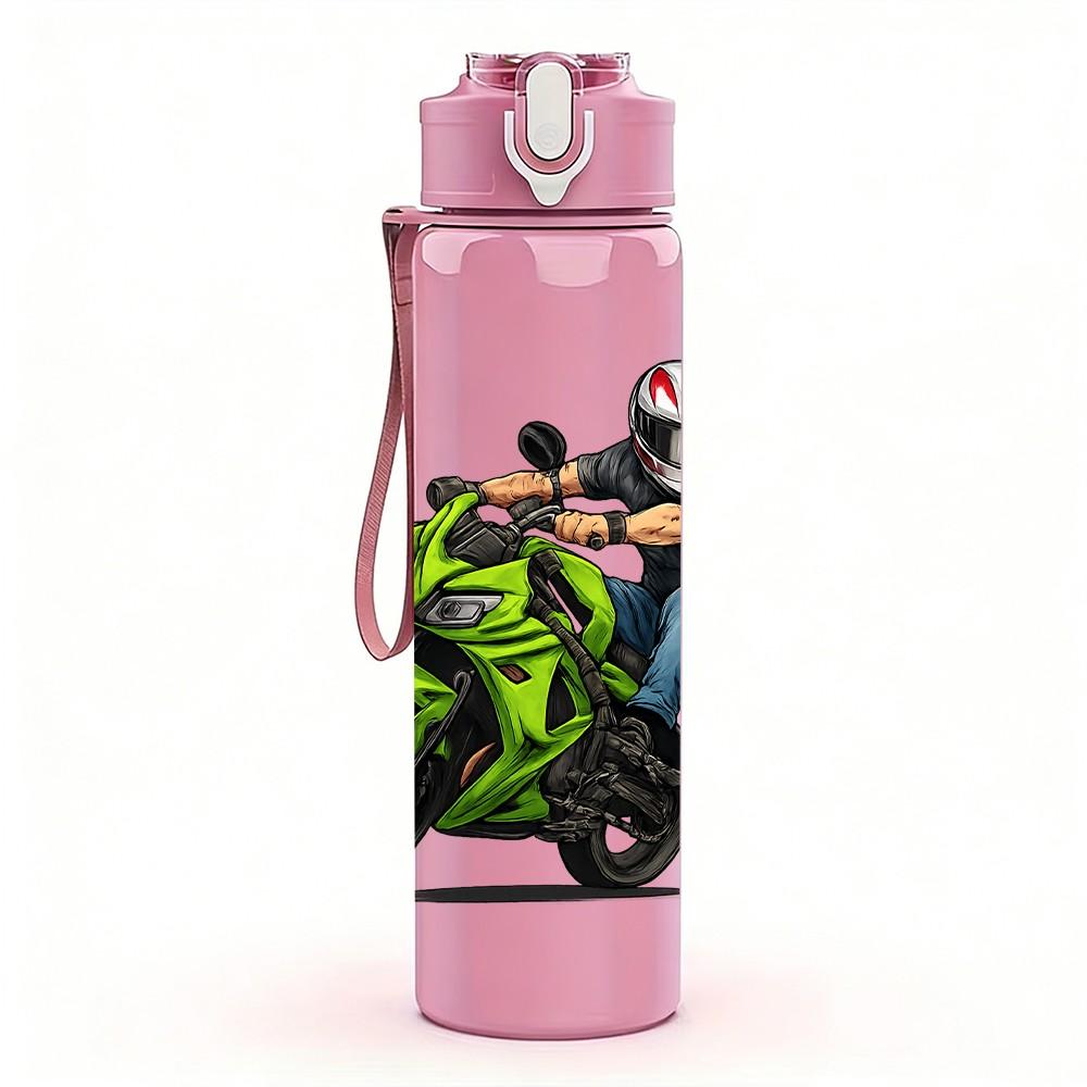 1PC Motorcycle Rider Motorbike Pattern 750ml Color Plastic Sports Water Bottle Leakproof Flip Straw Lid Suitable for Sports Office Home Use