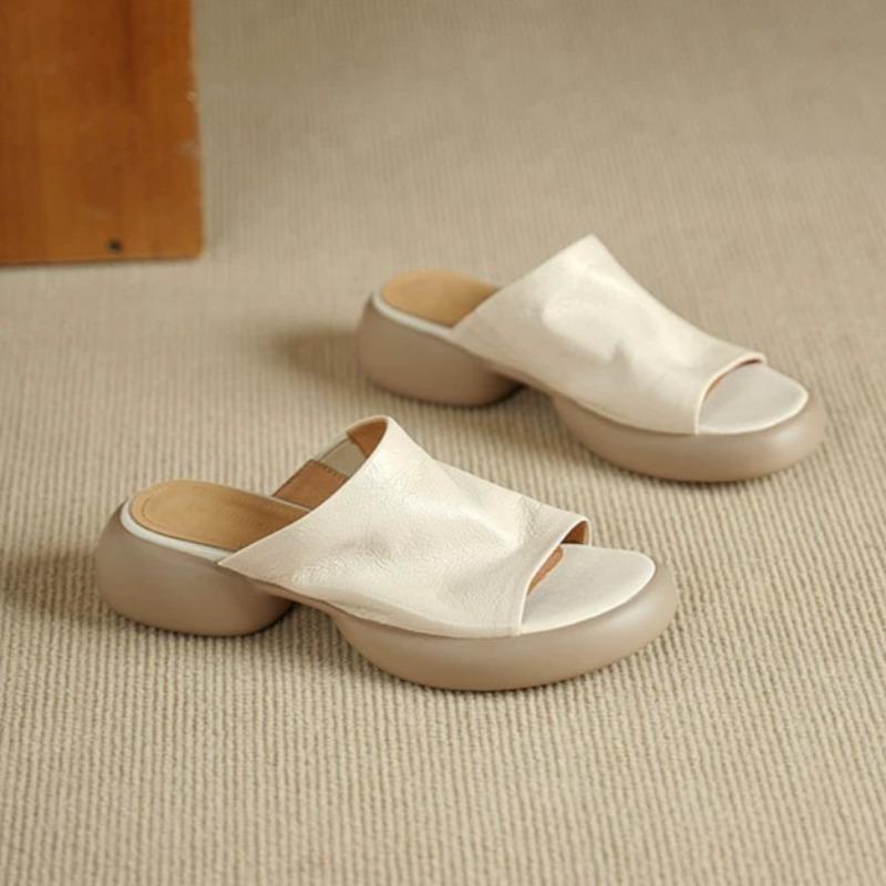 Retro Super Soft Leather Lazy Flip Slippers for Women in Summer Wear New Round-toe Platform Soft-sole Cool Slippers