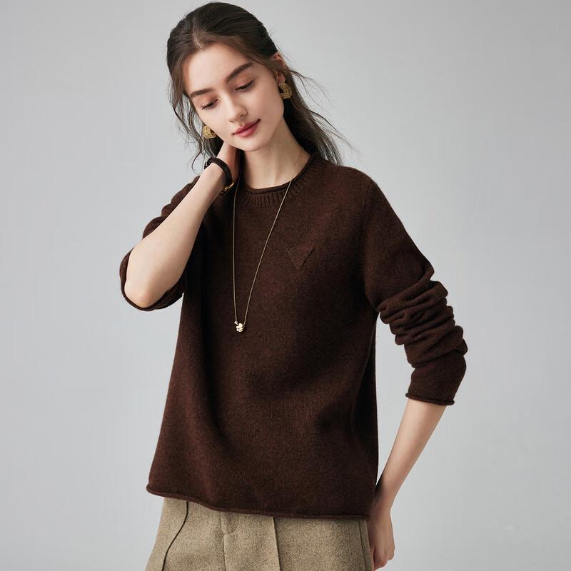 Paruo Women's 100% Cashmere Rolled-Edge Round Neck Sweater