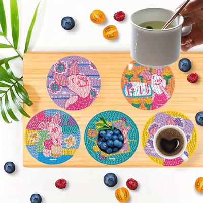 8 pièces/Ensemble Mignon Petit Cochon Dessous de Verre Peinture Diamant DIY avec Support Antidérapant Bois Napperons Goutte Strass Cristal Dessous de Verre Art Diamant pour Adultes