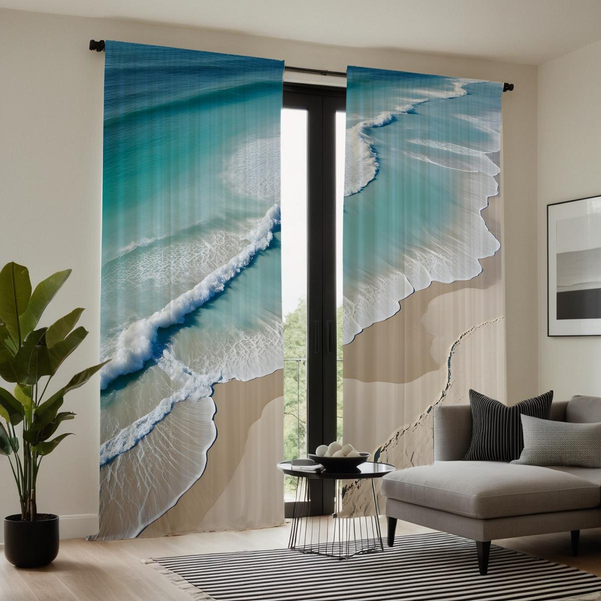 

2 шт. HD декоративная занавеска с изображением морского пляжа, синяя занавеска с цифровой печатью, украшение для дома, стиль, украшение для гостиной, спальни, ро W52H63inchW132H160cm