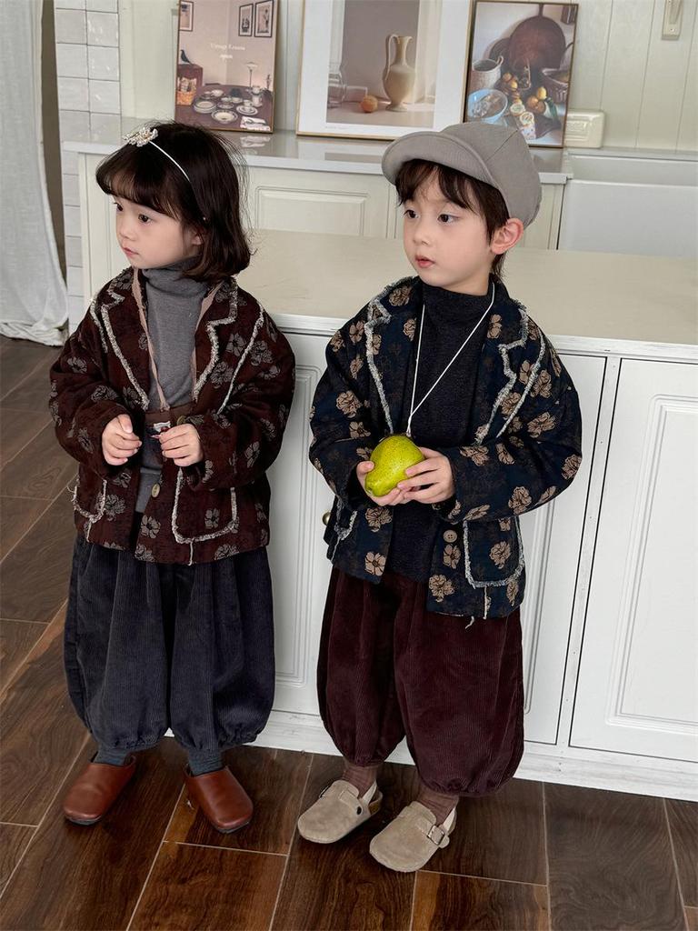 Jiaye Kinder 2025 Frühling Cord Neun-Punkte-Hose für Jungen und Mädchen - Retro Wald Pumphose