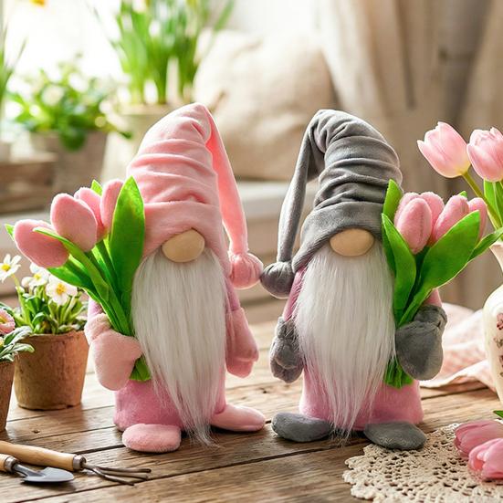 Valentine's Day Plush Gnome with Pink Tulips Spring Stuffed Gnome Doll for Tiered Tray Fireplace Table Decor Gifts for Her Wife Teacher Girls