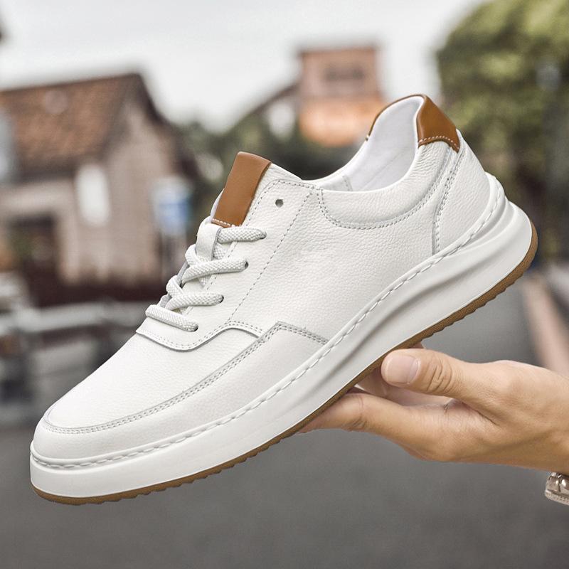 

Men s shoes 2025 summer new youth fashion out light luxury waterproof leather thick sole elastic casual board shoes tide 37